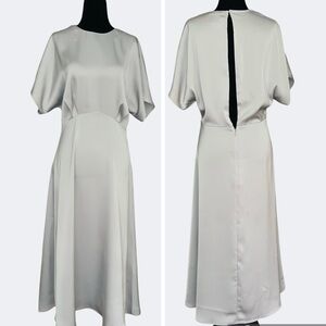 H&M Dusty Blue Satin Open Slit Back Drape Sleeve Midi Dress SZ S